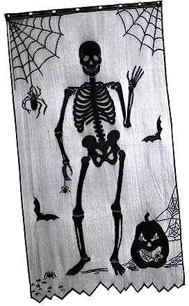 Halloween Spitzengardine Totenkopf mit Fledermaus Spinnenmuster Schwarz | Wiederverwendbar, Schwarz, für Fenster und Zuhause, Dekorative Spitzengestaltung, 1 Stück