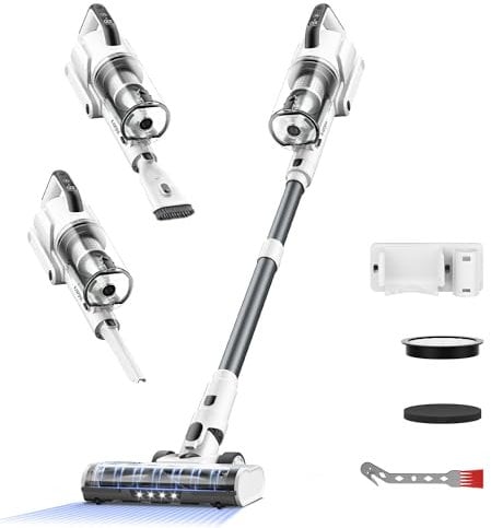Aspirateur Balai sans Fil, 550W 45KPA, Charge Rapide 2H, Autonomie de 60 Minutes, Aspirateur Autoportant avec Écran Tactile LED et Éclairage, Léger, pour Poils d'animaux/Moquette/Sol, Blanc