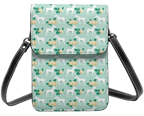 Kleine Crossbody-Tasche für Damen, Leder, Pferde und Blumen, Handytasche, Geldbörse, Geldbörsen