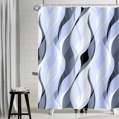 Uiiooazy Duschvorhang Blau, Duschvorhang 180x220cm Anti Schimmel Himmelblau Gradient Grau Streifen Gemustert Duschvorhänge Stoff Waschbar Wasserdicht Polyester Bad Vorhang mit 12 Haken für Badezimmer