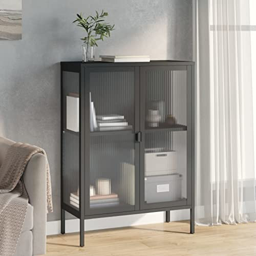 Fasba Sideboard, Kommode mit Einer einstellbaren Ablage, Highboard Wohnzimmerschrank mit Glastür, Schrank Anrichte Beistellschrank, Schwarz Glas Stahl