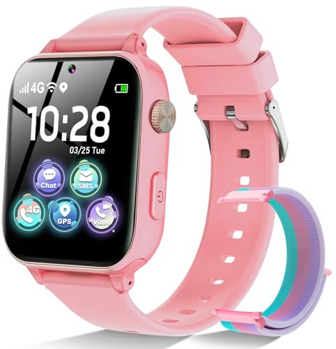 Montre Connectée Enfant 4G, Smartwatch Téléphone pour Filles Garçons avec GPS, SOS, WiFi, Appel Vidéo, Chat, Mode Classe Notification Jeux Réveil, Montre Intelligente Enfants Cadeau 4 à 12 Ans, Rose