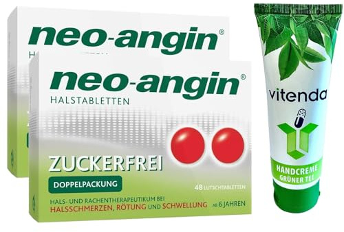 neo-angin® Halstabletten zuckerfrei – Lutschtabletten gegen Halsschmerzen 2x48 Stück inclusive einer Handcreme von vitenda - mit antiseptischer Wirkung und kühlendem Effekt