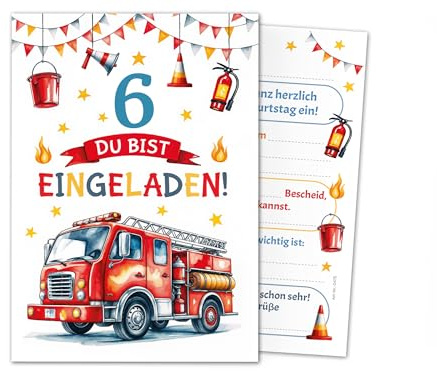 Junaversum 12 Einladungskarten zum 6. Kindergeburtstag Jungen Feuerwehr Kinder Junge coole bunte Einladungen sechste Geburtstag Geburtstagseinladungen Kids