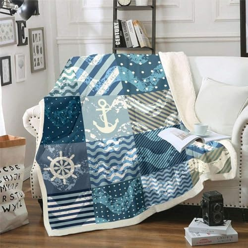 Homemissing Ozean Nautisch Decke 130x150cm Geometrische Gitter Streifen Kuscheldecke Anker Ruder Seegang Wohndecke Weich Komfortabel für Sofa Bett Couch
