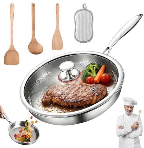 Ruileyou Padella Titanio, Padella Titanio Puro with Lid and Spatula, PadellainTitanio for Kitchen and Camping, Uncoated Frying Pan, Pro Hammered Non-Stick Pans for Any Hob (Con coperchio, 22cm)