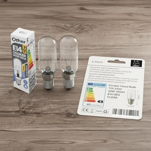 Other ® 40W 240V Cooker Hood Light Bulbs 3000K Heat Resistant E14 Replacement SES Small Screw Cap T25 for Residential and Commercial Kitchen Lighting 1500 HRS Lifespan incandescent (Pack of 2)