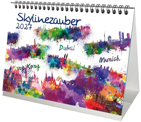 Skylinezauber DIN A5 Tischkalender für 2027 Städte Skylines in Aquarell - Seelenzauber