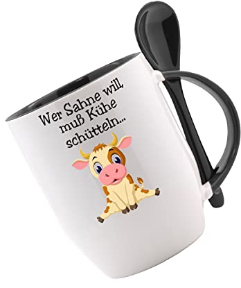 Tasse mit Löffel Wer Sahne will muss Kühe schütteln Löffeltasse, Kaffeetasse mit Motiv,Bürotasse, bedruckte Tasse mit Sprüchen oder Bildern