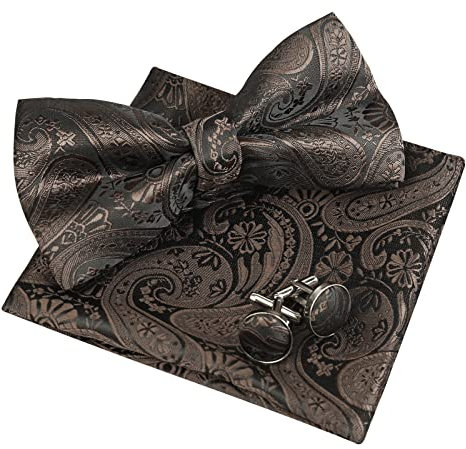 Herren Paisley Fliege, Taschentuch und Manschettenknöpfe Set (Kaffee)(Größe: Einheitsgröße)