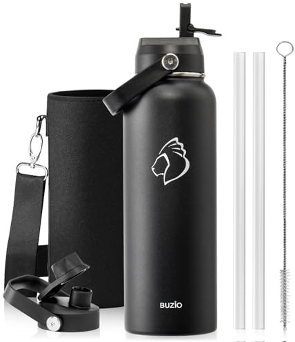 BUZIO Botella de agua al vacío de triple pared con popote a prueba de polvo | Termo de agua aislado de acero inoxidable de 1134 g (frío durante 48 horas/caliente durante 24 horas), a prueba de fugas