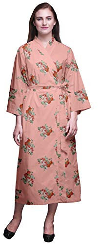 Bimba Saumon Rose Clair Floral Feuilles et Roses grandiflora Robes Longues imprimées Femmes Kimono Doux Robe de mariée en Coton se préparant Longue Robe XL