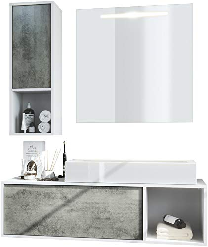 Vladon Badmöbel Komplettset La Costa, Made in Germany, Korpus in Weiß matt/Fronten in Beton Dunkel Optik, mit Aufsatzwaschbecken und LED Spiegel