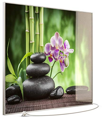 STEINFELD Heizsysteme® Glas Bild Infrarotheizung mit Thermostat | Made in Germany | viele Motive 350-1200 Watt Rahmen silber/alu (1200 Watt, 055 Zen Basaltsteinen)