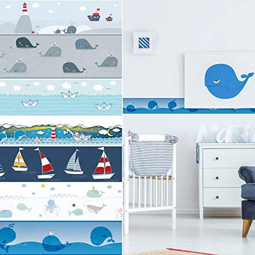 Zierleiste Babyzimmer Tapete selbstklebende Kinderzimmer Bordüre Ozean Fische Blau Wal Meer