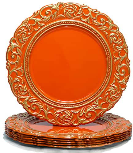 Umisriro Antique Charger Plates with Gold Rim,13 Inch Orange Dinner Plate Chargers Round Server Ware.Set of 6 Plastic Embossed Charger for Dinner, Party, Wedding, Elegant Tableware Decoration(Orange)