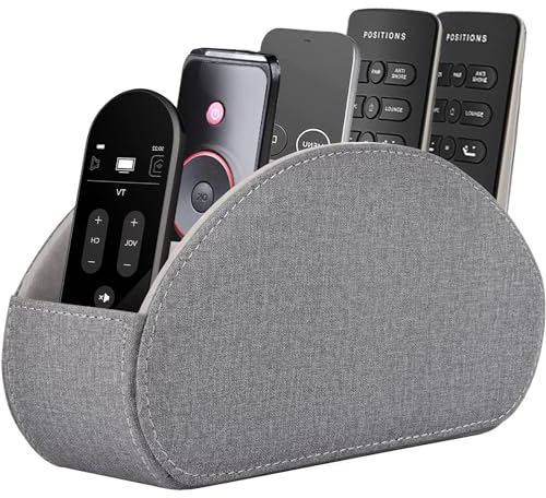 RHCSZ PU Leather Remote Control Holder,TV Remote Caddy/Box with 5 Compartments,Bedside Table Organizer for Controller,Glasses,makeup brushes,jewelry and Media Player,Pen/Pencil Storage (Grey)