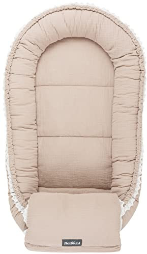Bellochi Babynest mit Arm Kissen - Babynestchen Neugeborene - Musselin - ÖKO-TEX zertifiziert - Cuddly Muslin Beige