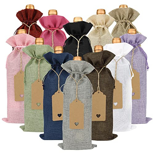 FASOTY Burlap Wine Bags for Wine Bottles Gifts, 12 Pcs Reusable Wine Bottle Bags with Drawstring, Gift Tags & Ropes, Wine Bottle Covers, Wine Gift Bags for Wedding, Birthday, Party, Home Storage