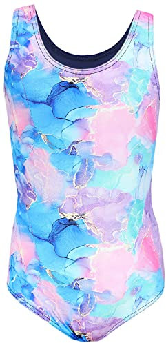 Aquarti Badeanzug Mädchen – Sportlicher Mädchen Badeanzug mit Ringerrücken Print, Farbe: Tie Dye/Dunkelblau/Blau/Lila/Rosa, Größe: 152