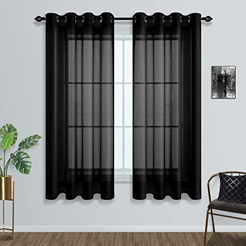 Schwarze, durchsichtige Vorhänge, 114.4 cm lang, für Küche, Schlafzimmer, Kellerfenster, 2 Paneele, Ösen, Kunstleinen, halbdurchsichtig, kurze Vorhänge für kleine Fenster, Halloween, Gothic-Dekor
