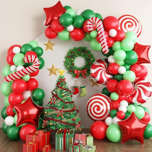 Luftballon Girlande Weihnachten, Rot Grün Weiß Helium Latex Ballon Girlande Kit, Weihnachtsdeko Partyballons Set Ballonbogen mit Stern Krücke Lutscher Windmühle Folienballon für Xmas Party Deko