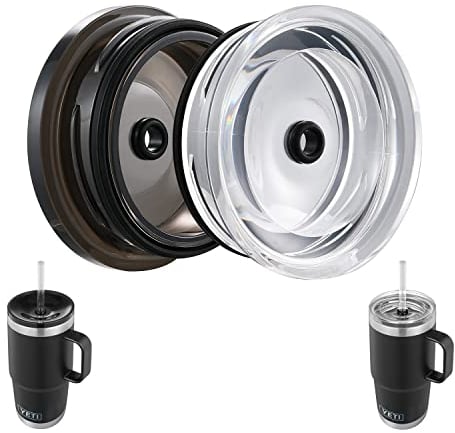 2pack Screw-on Straw Lid, Fit YETI Stronghold 20 oz Travel Mug ONLY, Black+Clear