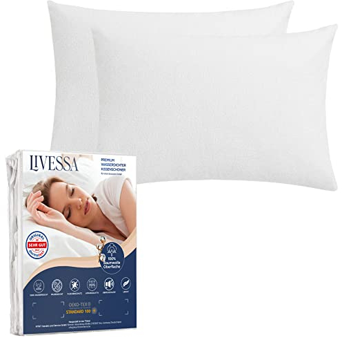 LIVESSA wasserdichter Kissenbezug 40x80 cm (2er Pack) kombinierbar mit Matratzen-Schutzhülen - Kissenschoner mit Reißverschluss, Pillow Protector,%100 Baumwolle Oberfläche