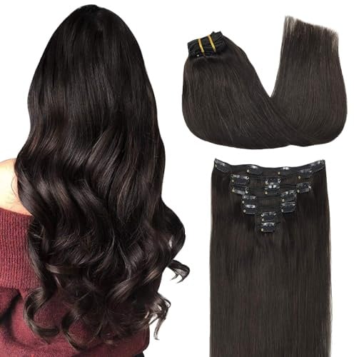 GOO GOO Clip in Extensions Echthaar, Echthaar Extensions Clip, 40cm 120g 7pcs, Extensions Echthaar, Haarverlängerung Echthaar, 2 Dunkelbraun