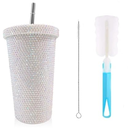 Bicchiere con strass e borchiati, con brillantini, con coperchio, in acciaio inox, con cannuccia termica, con 1 cannuccia, 2 pennelli per ragazze e donne (500 ml-argento)