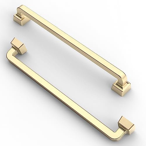 FURNIWARE Cabinet Handles,10 Pack Satin Brushed Brass Hardware Drawer Pulls,Zinc Alloy Kitchen Cabinet Door Handles Pull,192mm(7.6 Inch) Hole Center