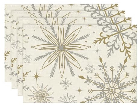 Artoid Mode Gold Schneeflocken Weihnachten Platzsets 4er Set, 30x45cm Winter Xmas Tischset Waschbar Platzdeckchen Küche Party Deko