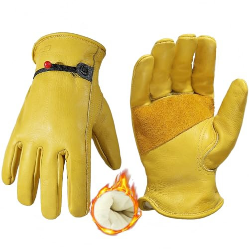 HANDLANDY Guantes de trabajo de cuero de invierno, guantes térmicos de jardinería con forro polar, guantes de jardín resistentes a prueba de espinas, guantes de trabajo en frío, guantes de conductor