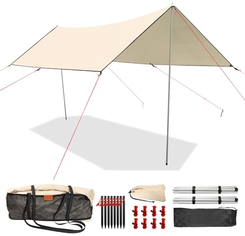 Wasserdicht Outdoor-Zelt Sonnenschutz Überdachung, Camping Picknick Überdachung, Ultraleicht Zeltplane Mit Stützstangen, Ösen, Aluminiumstiften, Nylonseil, UV und Regenbeständig (5M*3M)