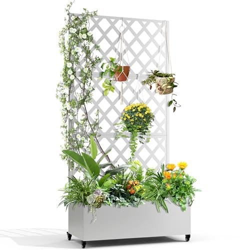 FENCY Metal Planter Box with Diamond Lattice Trellis Planter Box for Climbing Plants/Vines, Galvanized Raised Garden Bed On Wheels, Garden Bed with Trellis(73x35 White)