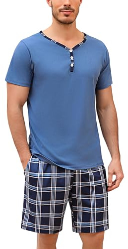 Irdcomps Men's Pyjamas Set Cotton Short Sleeves Pjs Lounge Plaid 2 Piece Button Nightwear Soft with Pockets Sleepwear for Men A-Blue Sky，L