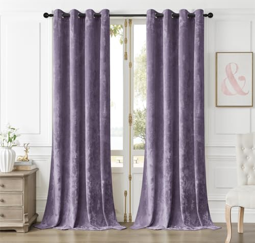SMILETIME Lilac Purple Crushed Velvet Grommet Curtains 52x108 inch Luxurious Thermal Insulated Soundproof Drapes for Living Room Office Soft and Durable Light-Filtering Window Treatments, 2 Panels