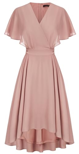 Damen Elegant Kleid Chiffon Cape Ärmel A-Linie Cocktailkleid Midi Hochzeit Kleider Hellrosa 36