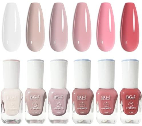 DMQ Nude Pink Polish Set, 6Pcs Varnish Kit, Quick Dry Gel, Non-Toxic Water Based - No Need UV Paint for DIY Nail Art at Home - 11.5ML