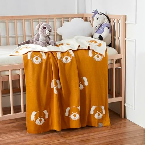 EVERSOFT FABRICS Premium Babydecke, 350 g, 100 % Bio-Baumwolle, Öko-Tex 100 zertifiziert, leicht & weich, ideal für empfindliche Haut, perfekt für Neugeborene & Kleinkinder (Hund, Senf & Weiß)