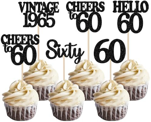30 Pack Happy 60th Birthday Cupcake Toppers Glitter Hello 60 Sixty Vintage 1965 Cupcake Picks Cheers to 60 Party Decorations for 60th Birthday Anniversary Party Cake Decorations Supplies Black