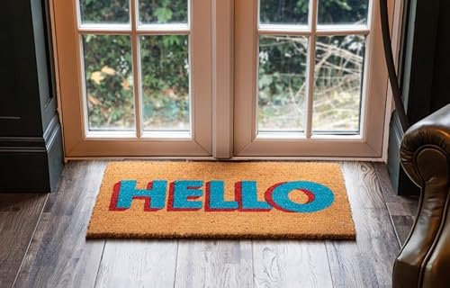 FloorPro Printed Blue & Red Hello Novelty Door Mat Indoor/Sheltered Outdoor Use 45cm x 75cm Natural Coir Welcome Mat - Decorative Print