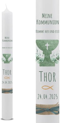 VILLA ROSA LOTTA – Personalisierbare Kommunionkerze Thor mit Wunschdaten und Rückseite | christliche Symbole | 40 cm x 4 cm |Kelch|für Jungen und Mädchen | Motto 2025