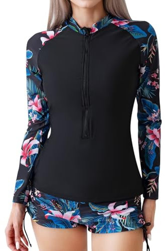 TERODACO Women Rash Vest Half Zip UPF 50+ Swimming Costume Women 2 Piece Long Sleeve Ladies Swimsuit Surfing Swim Shorts and Top Set,Stretchy Soft Sweat Wicking 978 Black Pink Leaf L
