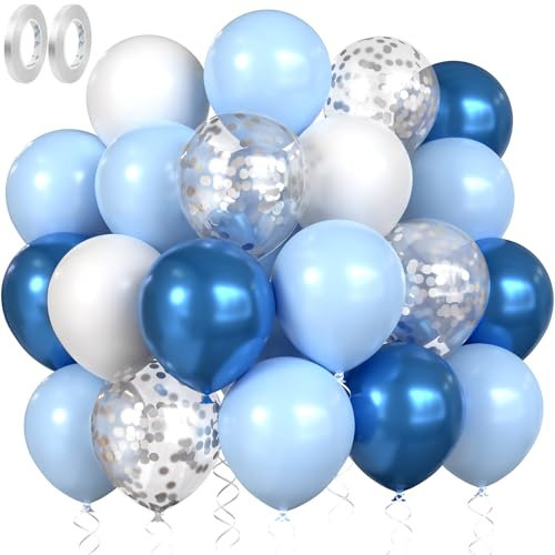 MUEZDUR Blaues Luftballon Metallic Chrom Blau Weiße Blaue Silber Konfetti luftballons hochzeit Set 60 Stück 30cm Helium Ballons mit 2 Rollen Band als Geburtstag Jubiläum Party Deko Graduierung