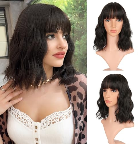 VCKOVCKO Short Wavy Bob Wigs With Air Bangs Women's Shoulder Length Curly Wavy Wigs Synthetic Cosplay cool brown Bob Wig for Girl (12, Black brown)