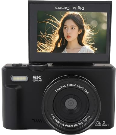 5k Digitalkamera für Fotografie, WLAN 75MP Vlogging -Kamera für YouTube, Autofokus, 3 180 ° Flip -Bildschirm, 18 -facher Zoom, Kompakte Vlog -Reise Camara (Black)