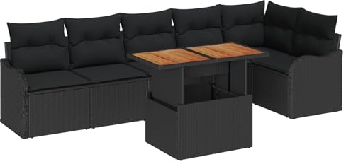 vidaXL 7-teiliges Garten-Sofa-Set mit Kissen in Schwarz aus Rattan, für 6 Erwachsene, modulares und verstellbares Terrassenmöbel, wetterfest, ideal für die Poolseite