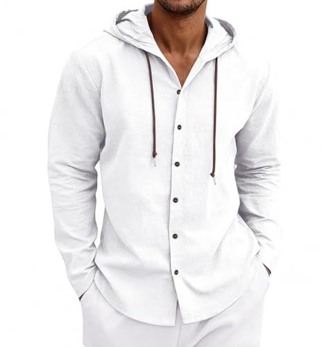 MakingDa Hooded Shirt Men Thin Long Sleeve Hoodie Summer Lightweight Linen Button Down Beach Tops