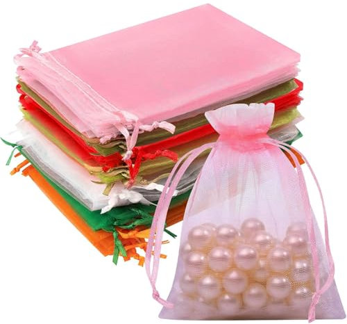 Lot de 100 Sachets en Organza, 10 x 12 cm, Sacs Organza Colorés avec Cordon de Serrage, Pochettes Cadeau en Tissu Maillé pour Confiseries, Mariages, Anniversaires, Bijoux